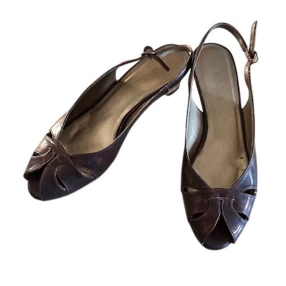 Vaneli Brisk Dark Tortoise Patent Slingback Peep-Toe Cork Wedge Heels 8.5 M - Picture 2 of 10